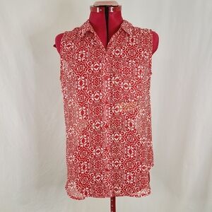 Liz Claiborne Red and White Pattern Sheer Button Up Top Woman's Size Medium